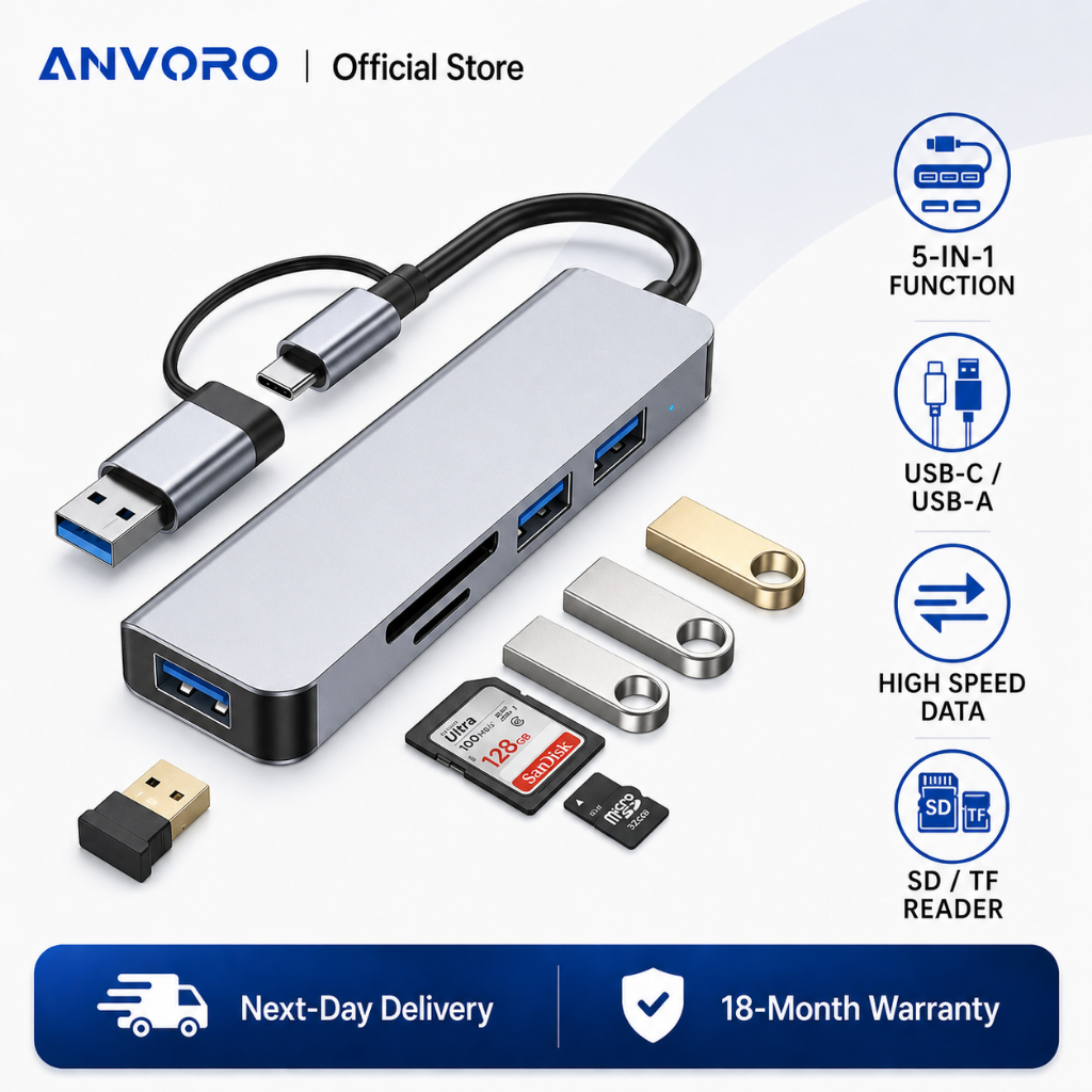 ANVORO 5 in 1 Aluminum USB-C Hub with Memory Card Reader and 3 USB 3.0 ...