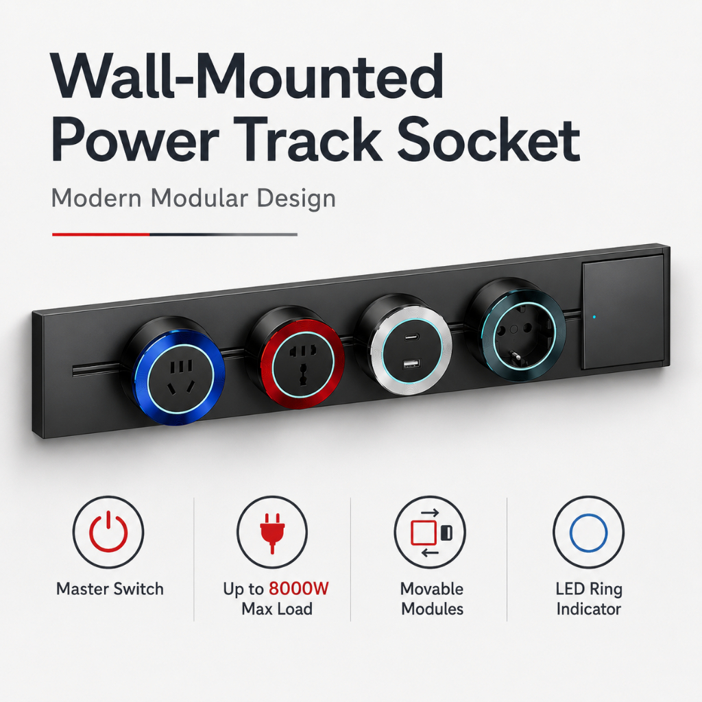 Wall Mounted Power Track Socket UK Plug Modular Sliding Rail Socket ...