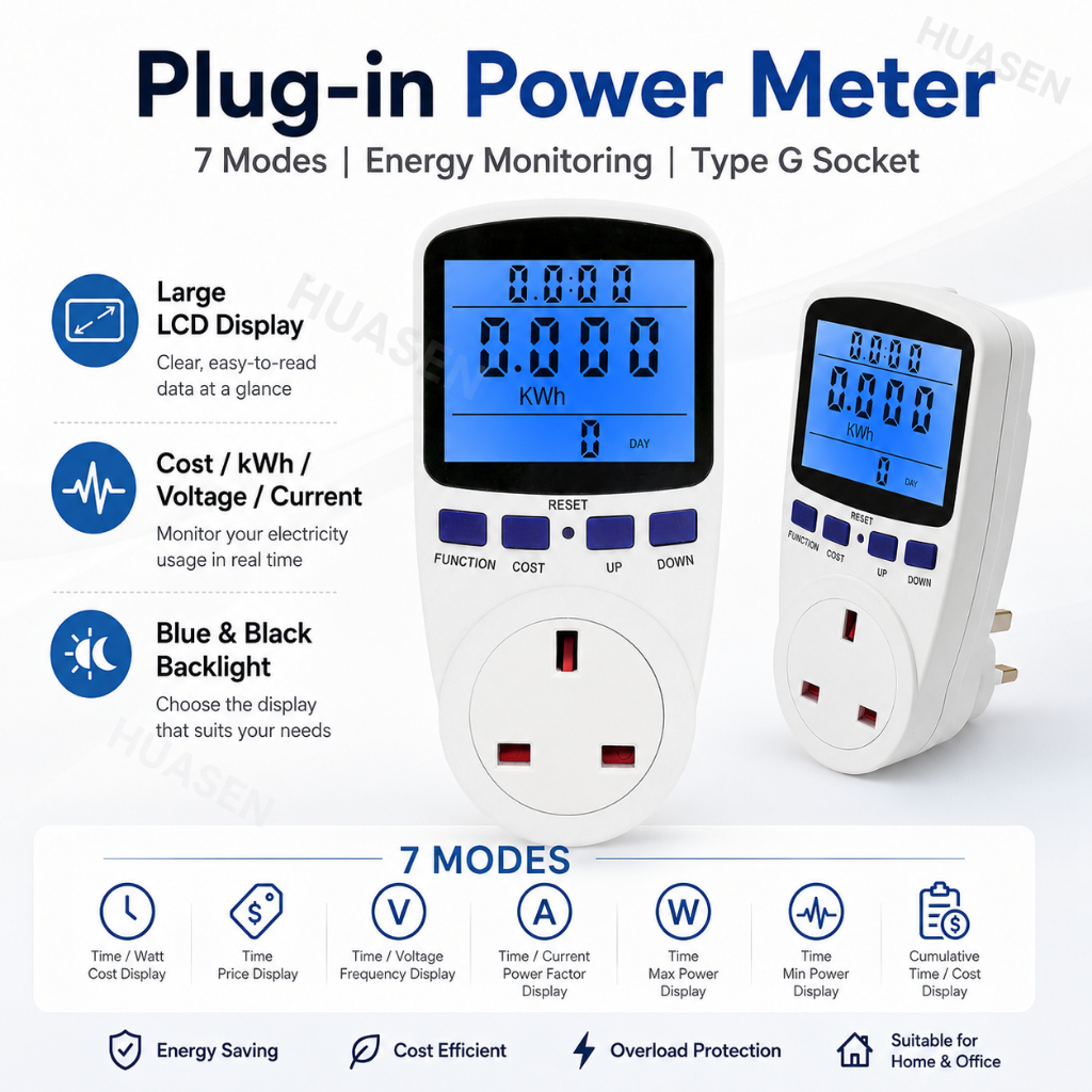 HUASEN Plug-in Power Meter Energy Monitor with Large LCD Display, 7 ...