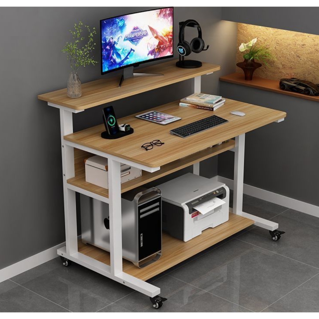 Computer Table Bedroom Office Table Movable Desk With Shelf | Shopee ...