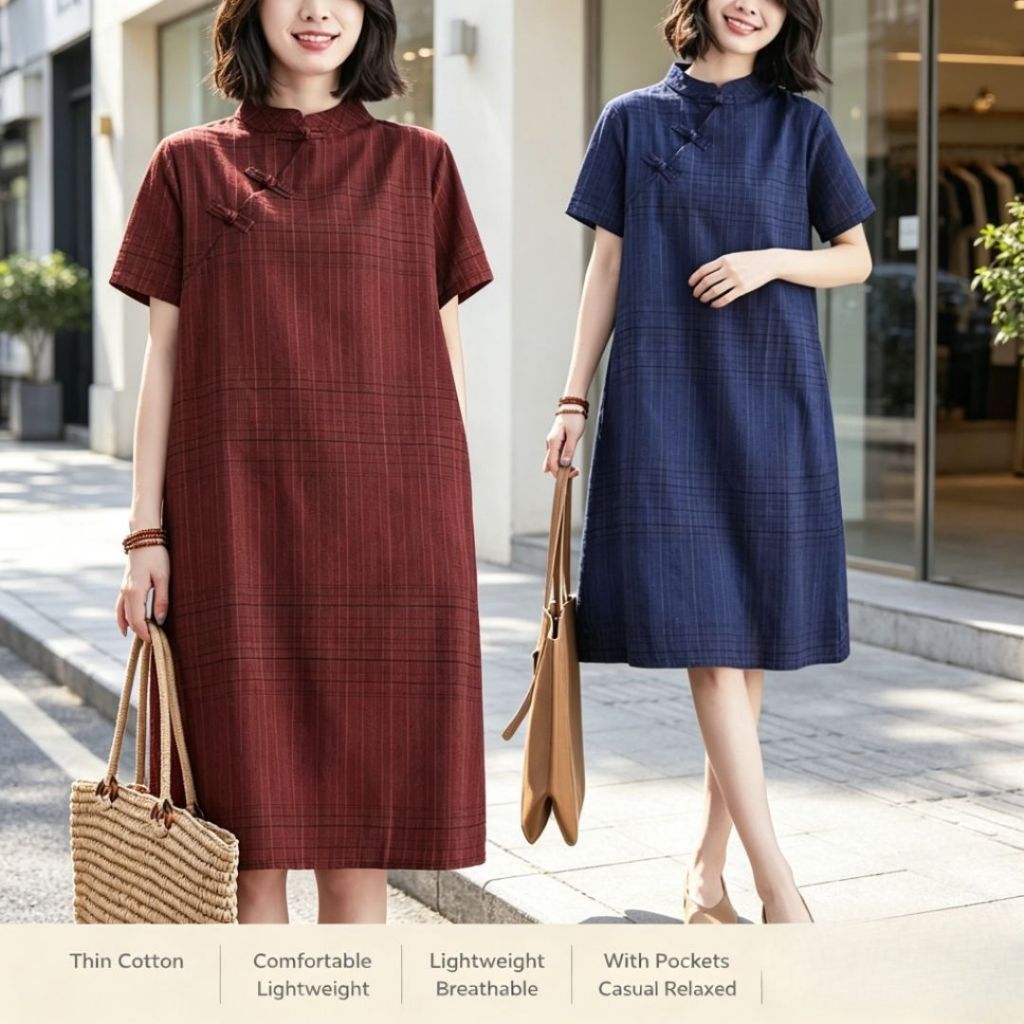 Cheongsam Vintage Plaid Cotton Linen Midi Dress | Frog Button Stand ...