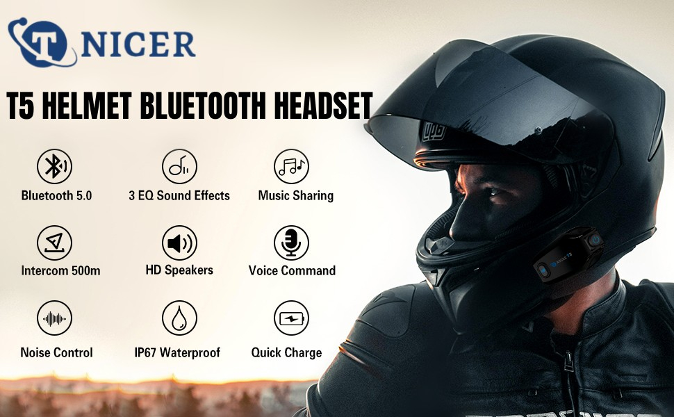 TNICER Motorcycle Bluetooth Headset, T2 1000m 6 Riders Helmet Bluetooth  Headset with Noise Cancellation, Universal Motorcycle Bluetooth  Communication