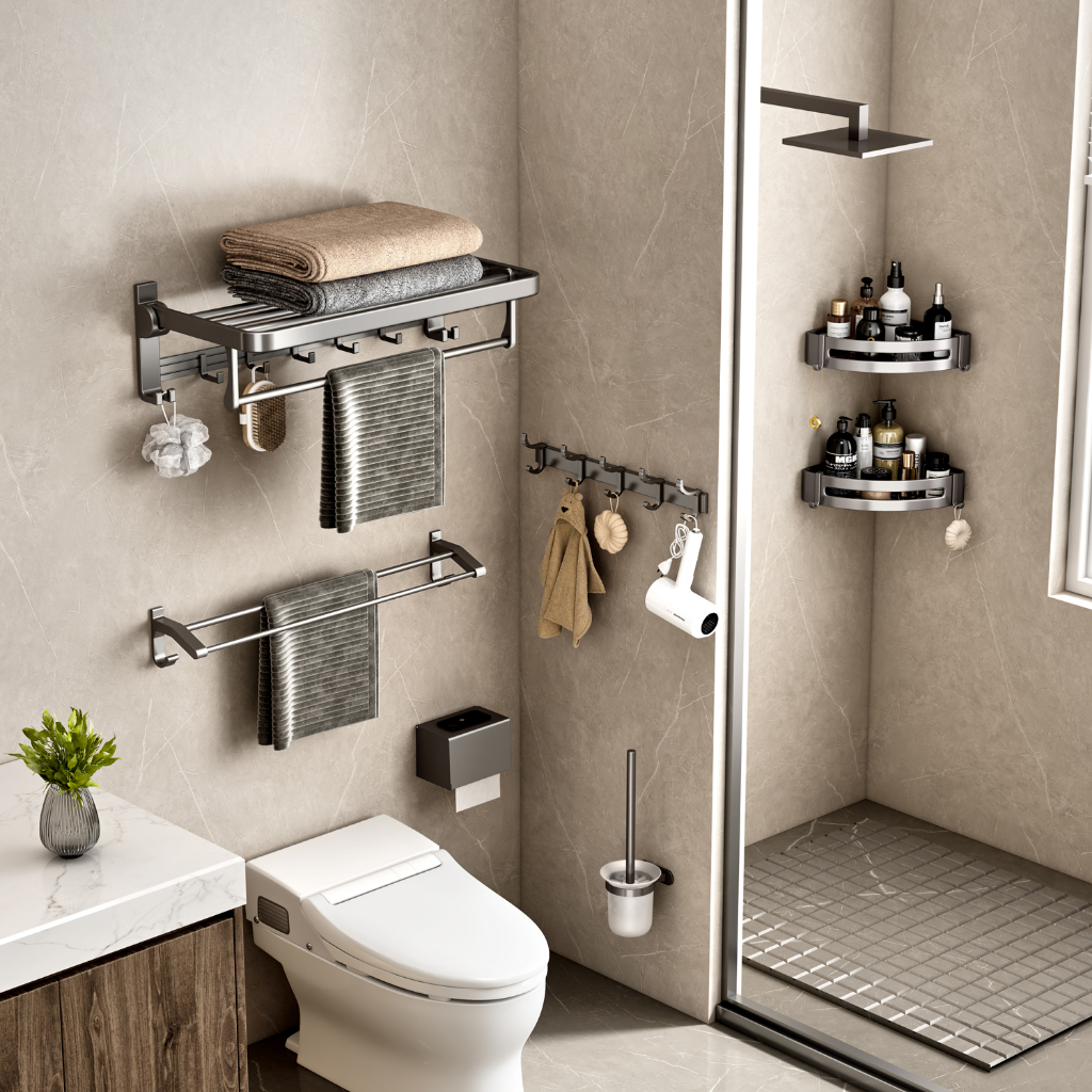 KAKUGU Gun Gray Bathroom Toilet Towel Rack Bath Folding Mesh Basket ...