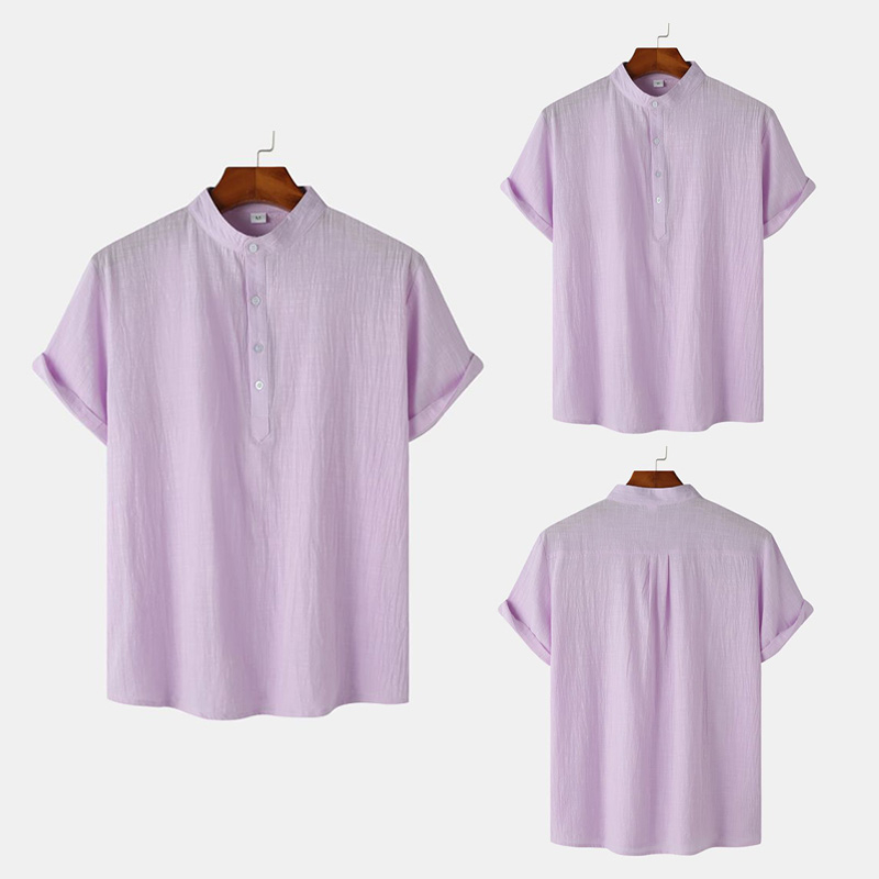 Men's Casual Solid Color Short Sleeve Pullover Shirt Linen Stand Collar ...