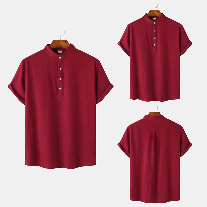 Men's Casual Solid Color Short Sleeve Pullover Shirt Linen Stand Collar