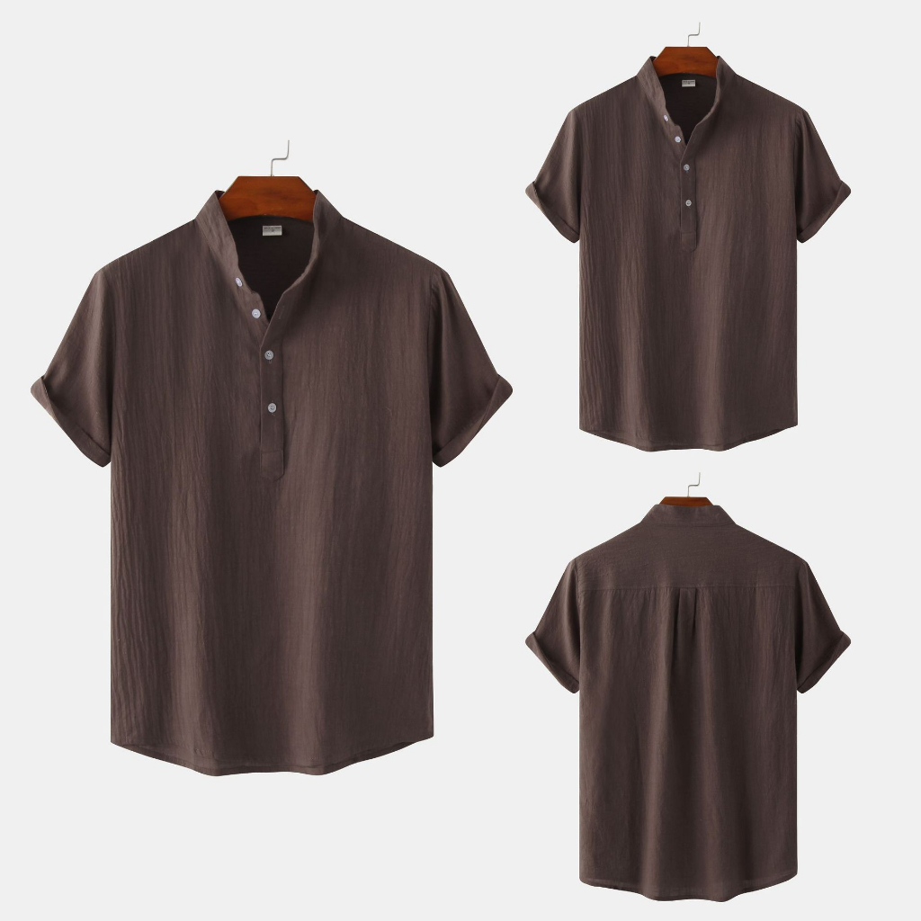 Men's Casual Solid Color Short Sleeve Pullover Shirt Linen Stand Collar ...