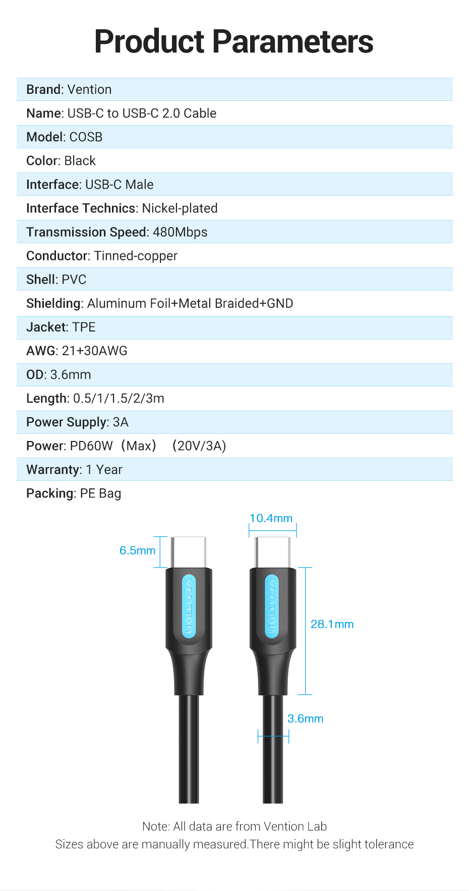 Vention Pd 60w Usb C Cable 3a High Speed 480mbps Type C Cable Qc4 0 Fast Charge Data For Samsung