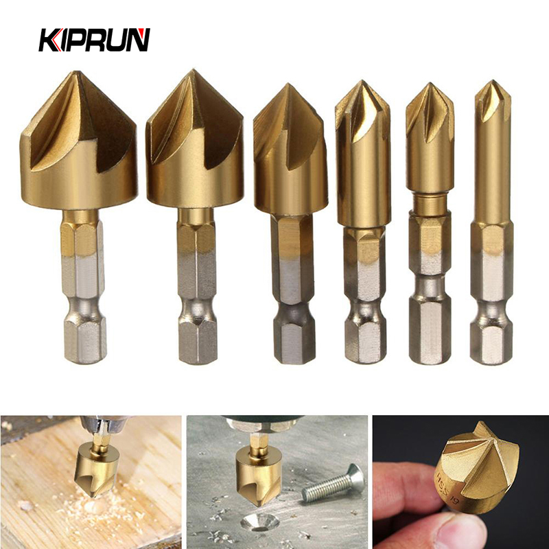 KIPRUN 6 Pcs Drill Bit Set 1/4'' Hex Shank HSS 5 Flute Countersink 90 ...