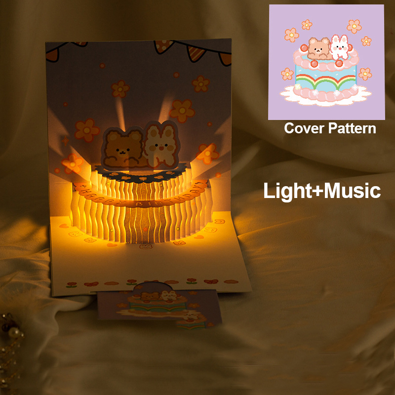 3D Music Card Pop Up Cake Musical Light Greeting Card Cute Bear Cartoon ...