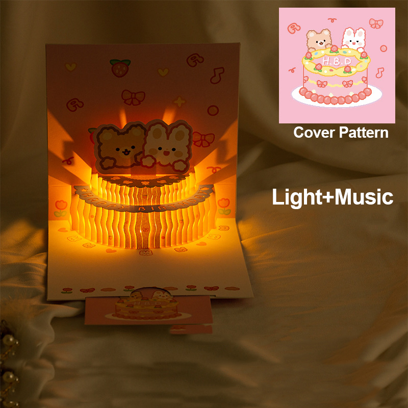 3D Music Card Pop Up Cake Musical Light Greeting Card Cute Bear Cartoon ...