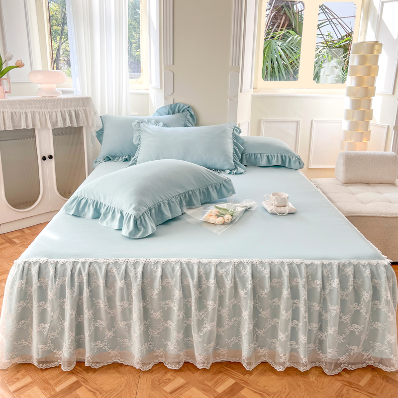 color) White Bed Sheet Cover with Lace Skirting Princess Style