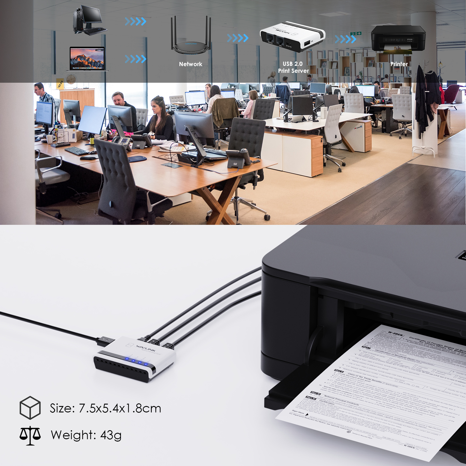 WAVLINK USB Wireless Print Server WiFi Print Server with 10/100Mbps LAN ...