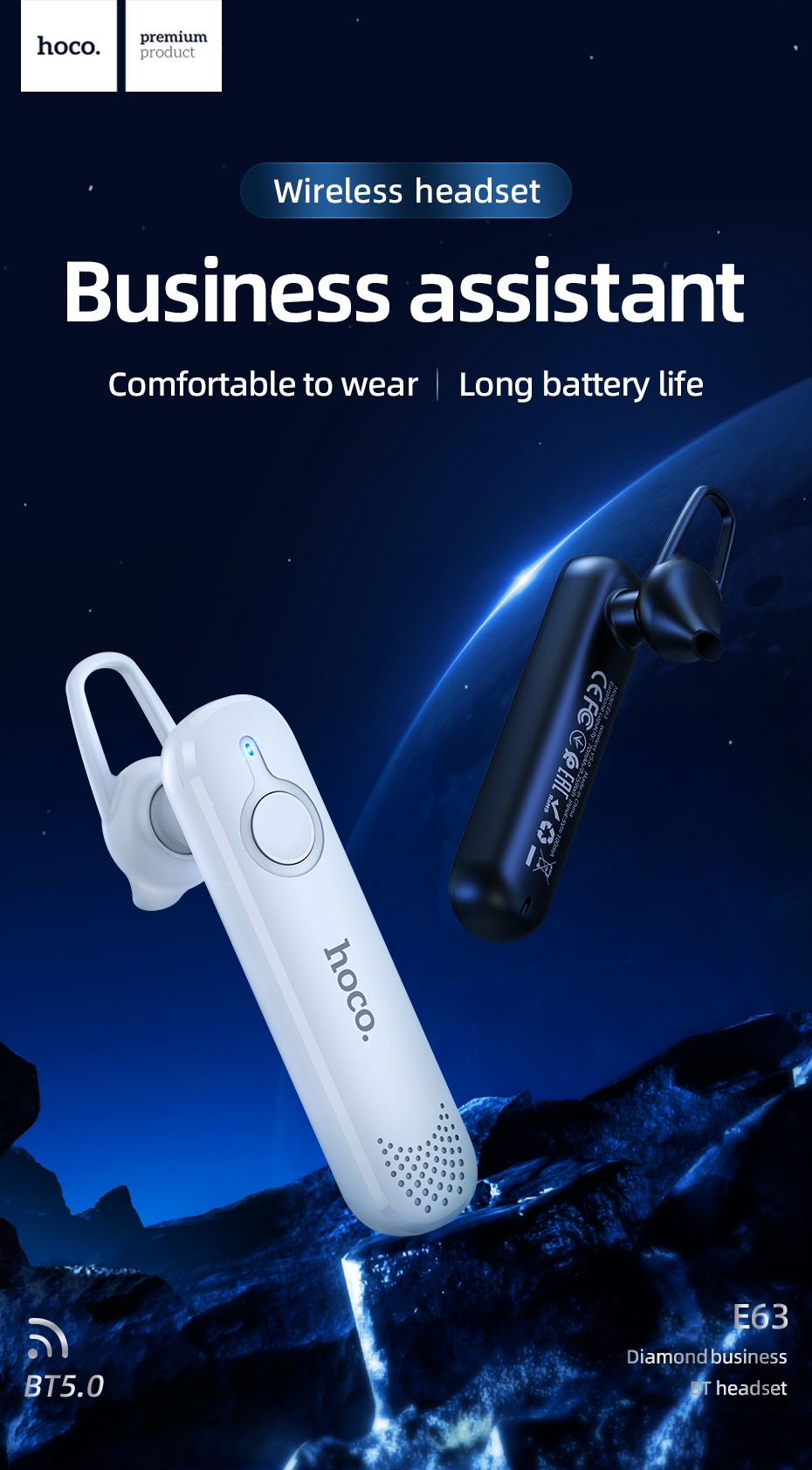 HOCO E63 Bluetooth Headphones Businessman Wireless Headphones Mini