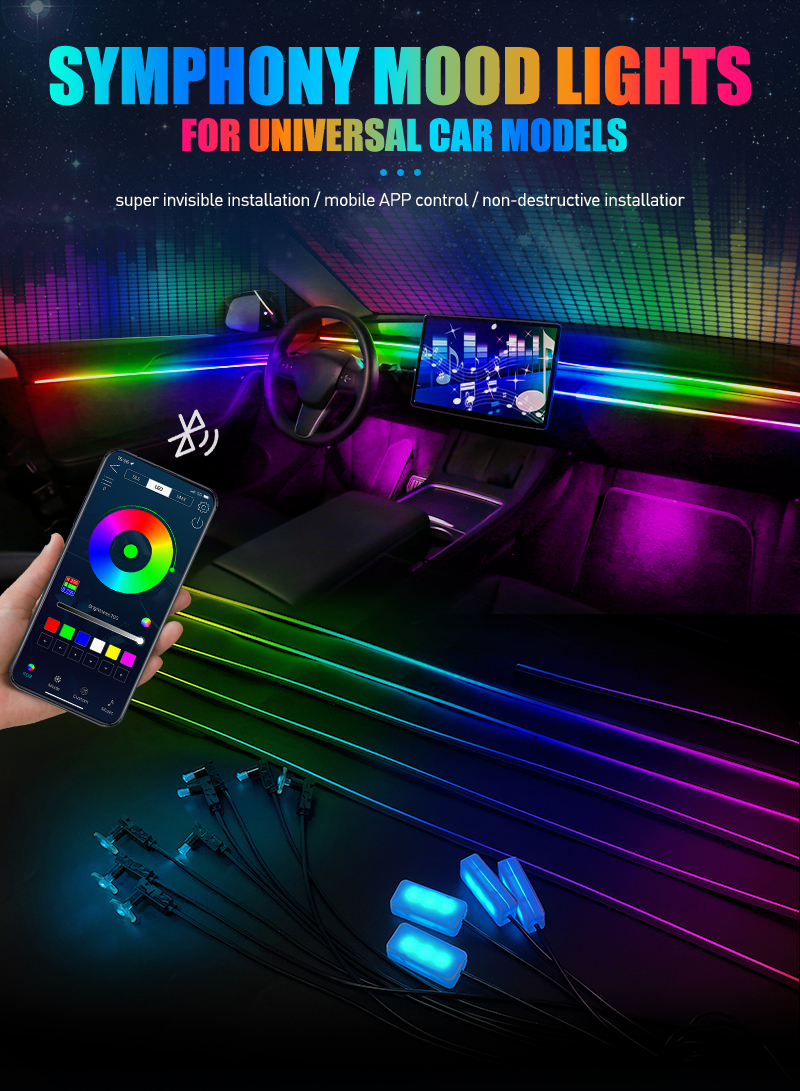 Full Color Streamer Car Ambient Lights RGB 64 Color Universal LED ...
