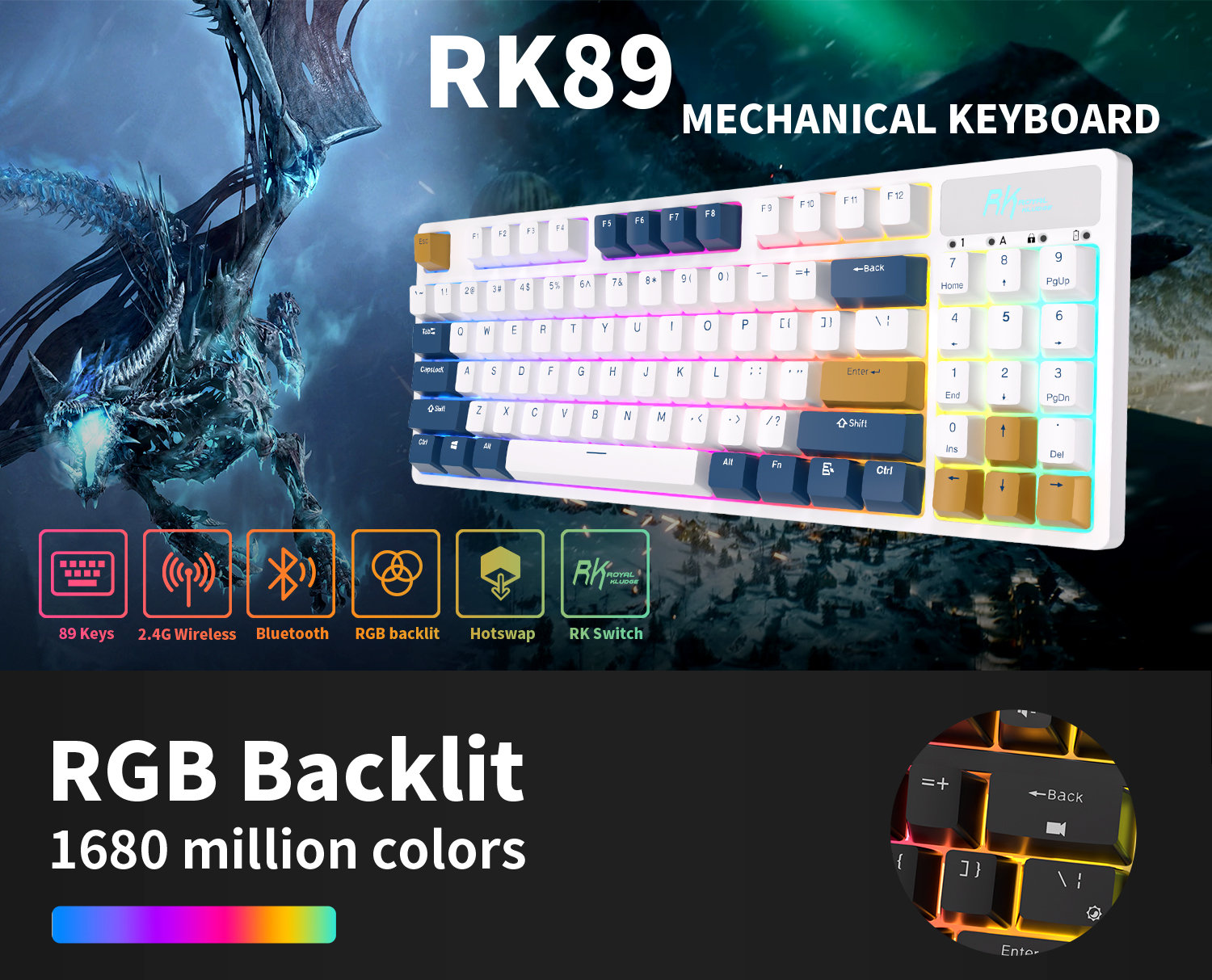 RK89 RGB ROYAL KLUDGE Triple Mode BT5.0/2.4G/USB-C Hot Swappable ...