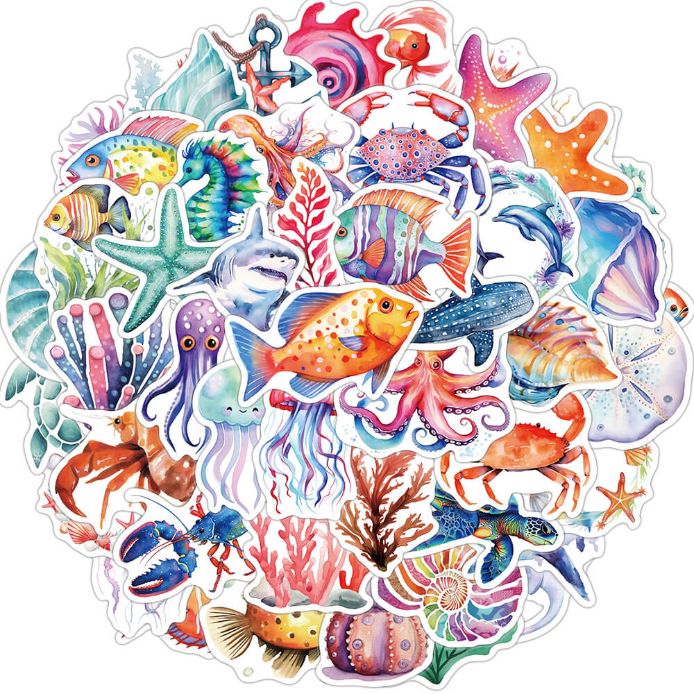 [Large Stickers]50pcs Watercolour Sea Animal Cartoon Stickers Marine ...