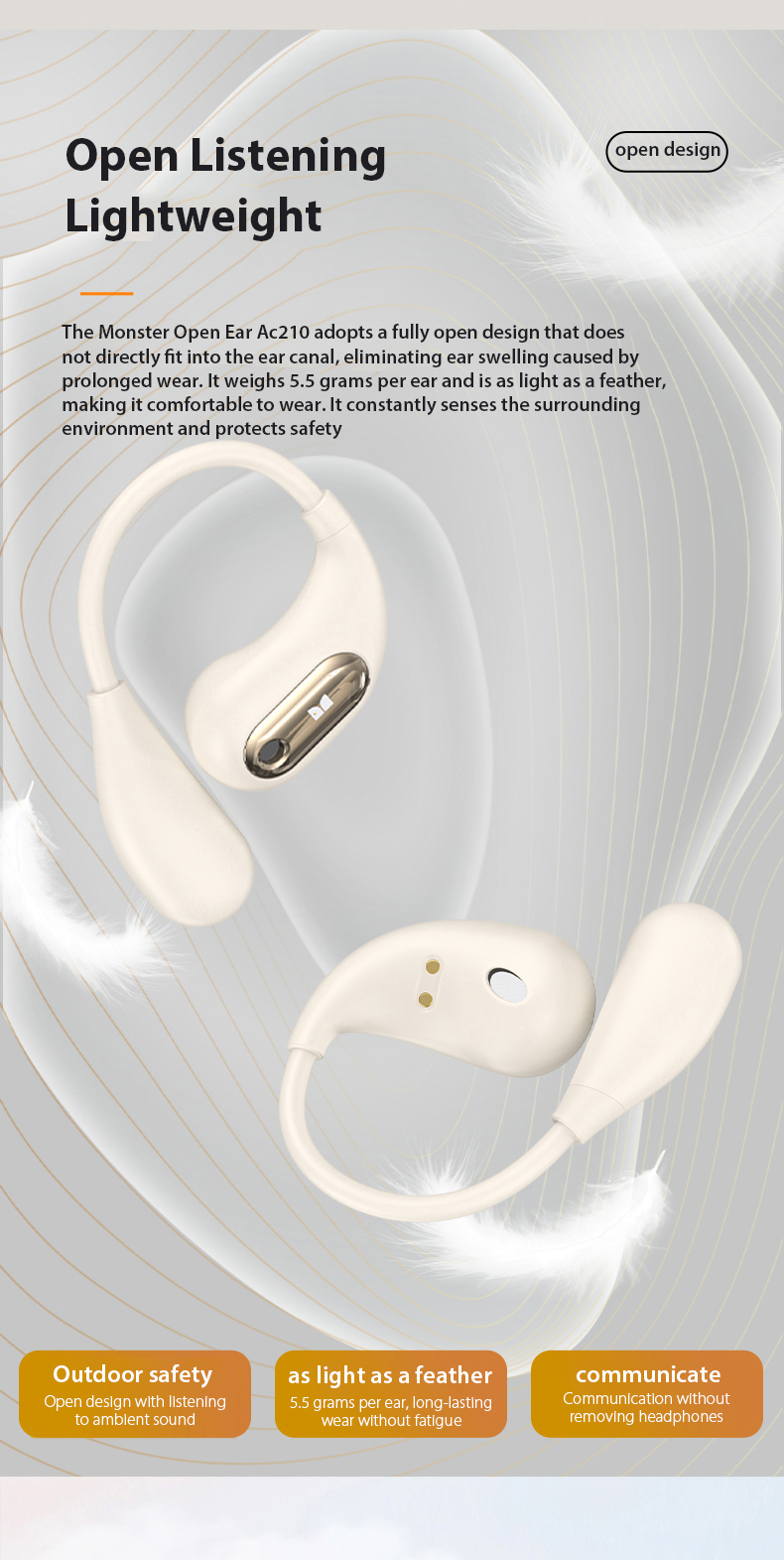 Monster 5.4 Bluetooth Earphone MH22181 OWS Fully Open Ear Earbuds IPX5 ...