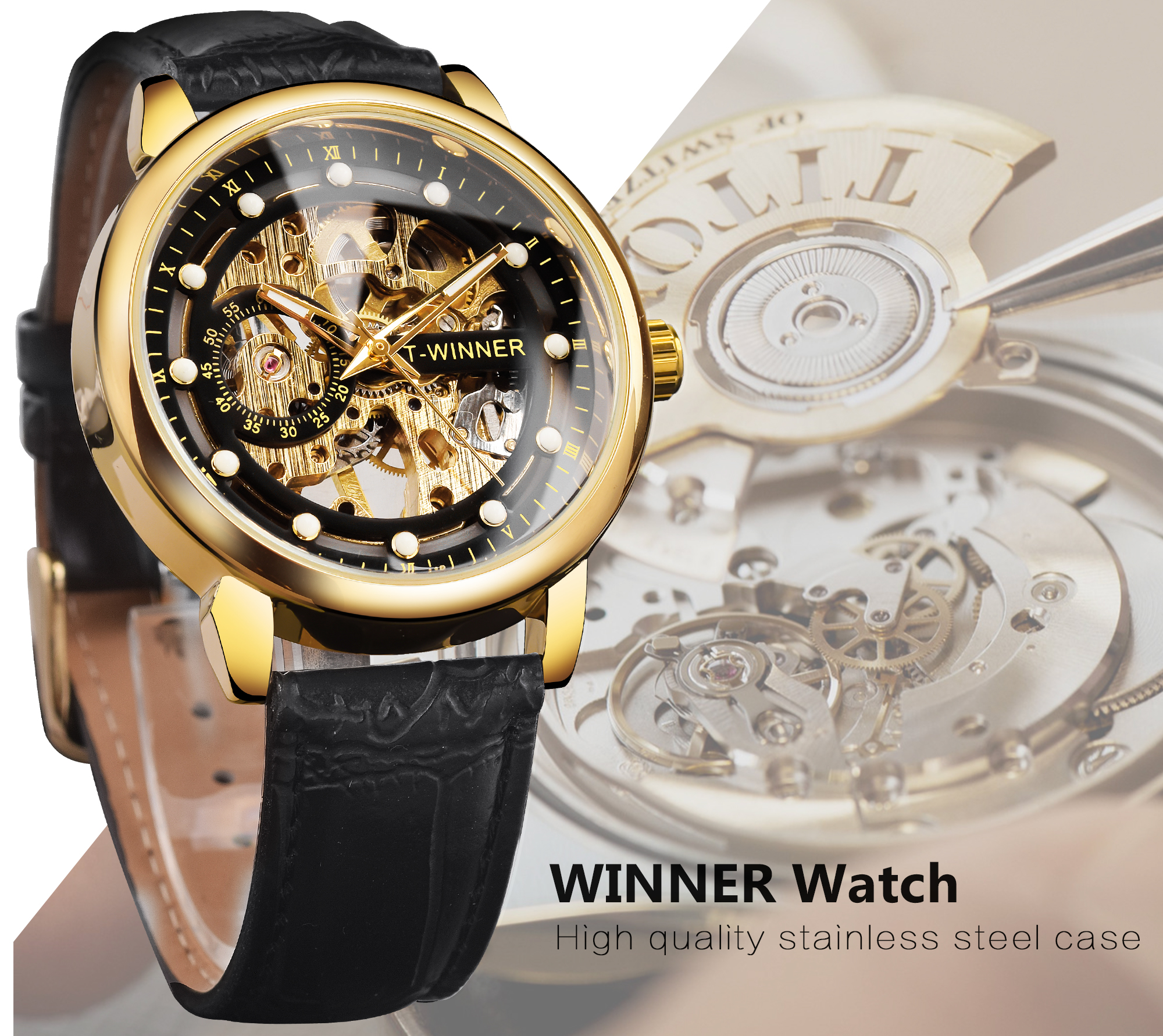 WINNER Gold Black Skeleton Men's Watch Luxury Mechanical Watch Royal ...