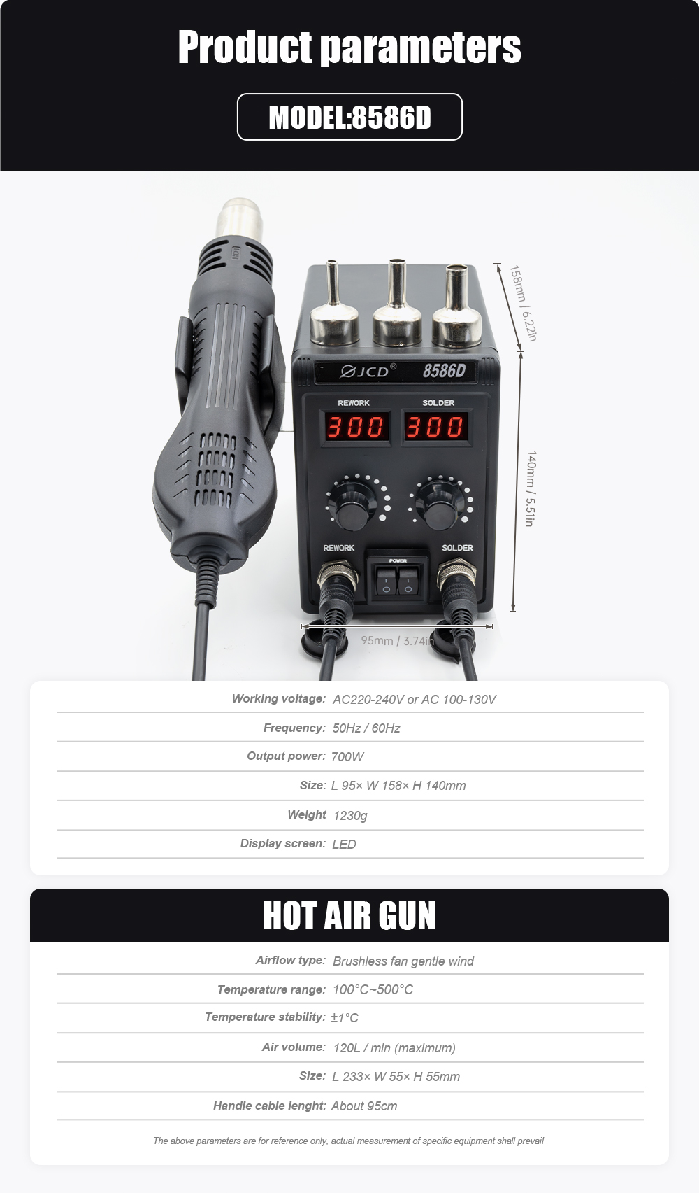 thumbnail image 2 of JCD 8586D Soldering Station – 60W Iron & 700W Hot Air Gun Combo, Digital Display 2 of 4