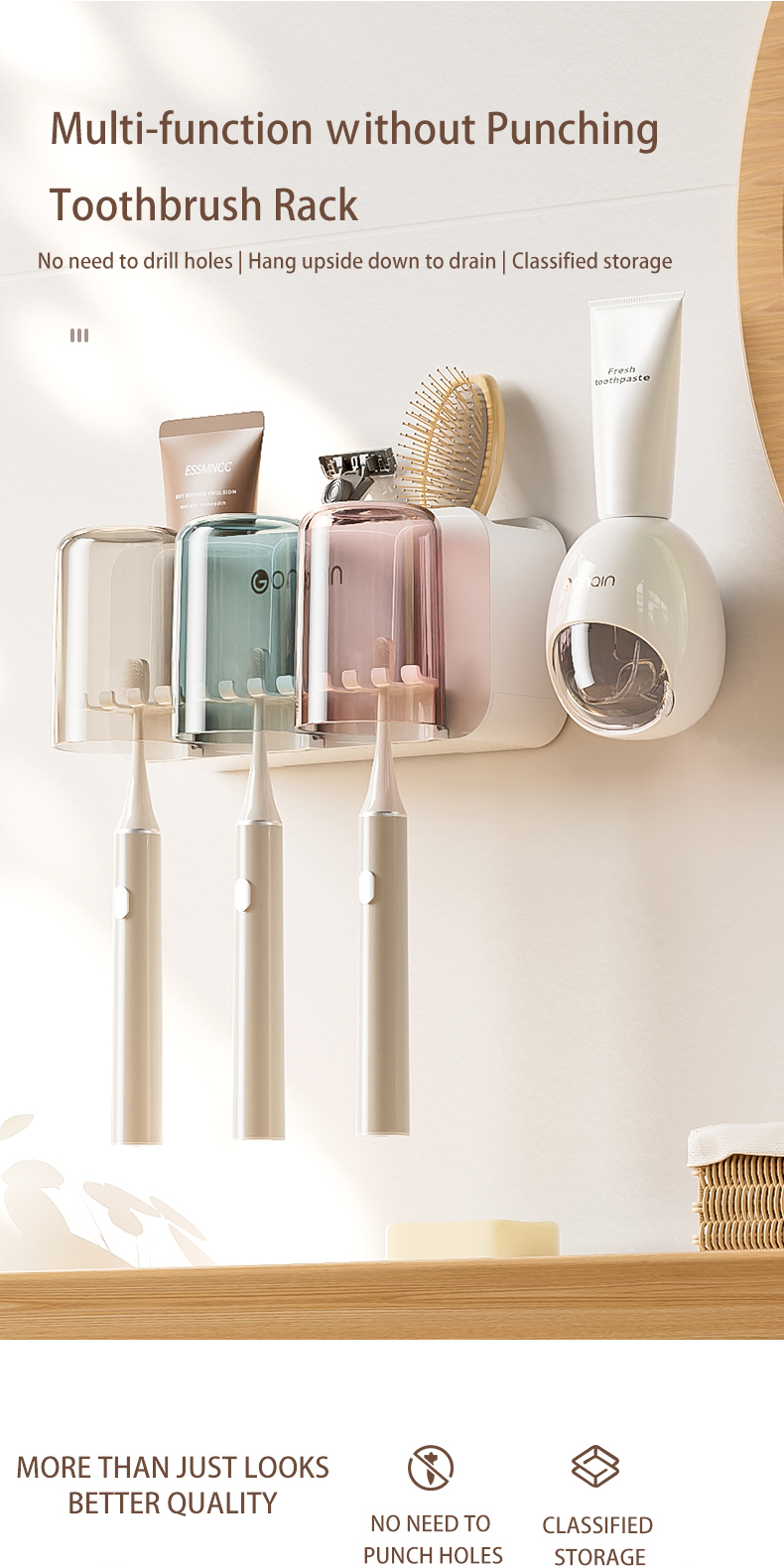 GONQIN Wall Mount Toothbrush Holder Automatic Toothpaste Squeezer ...