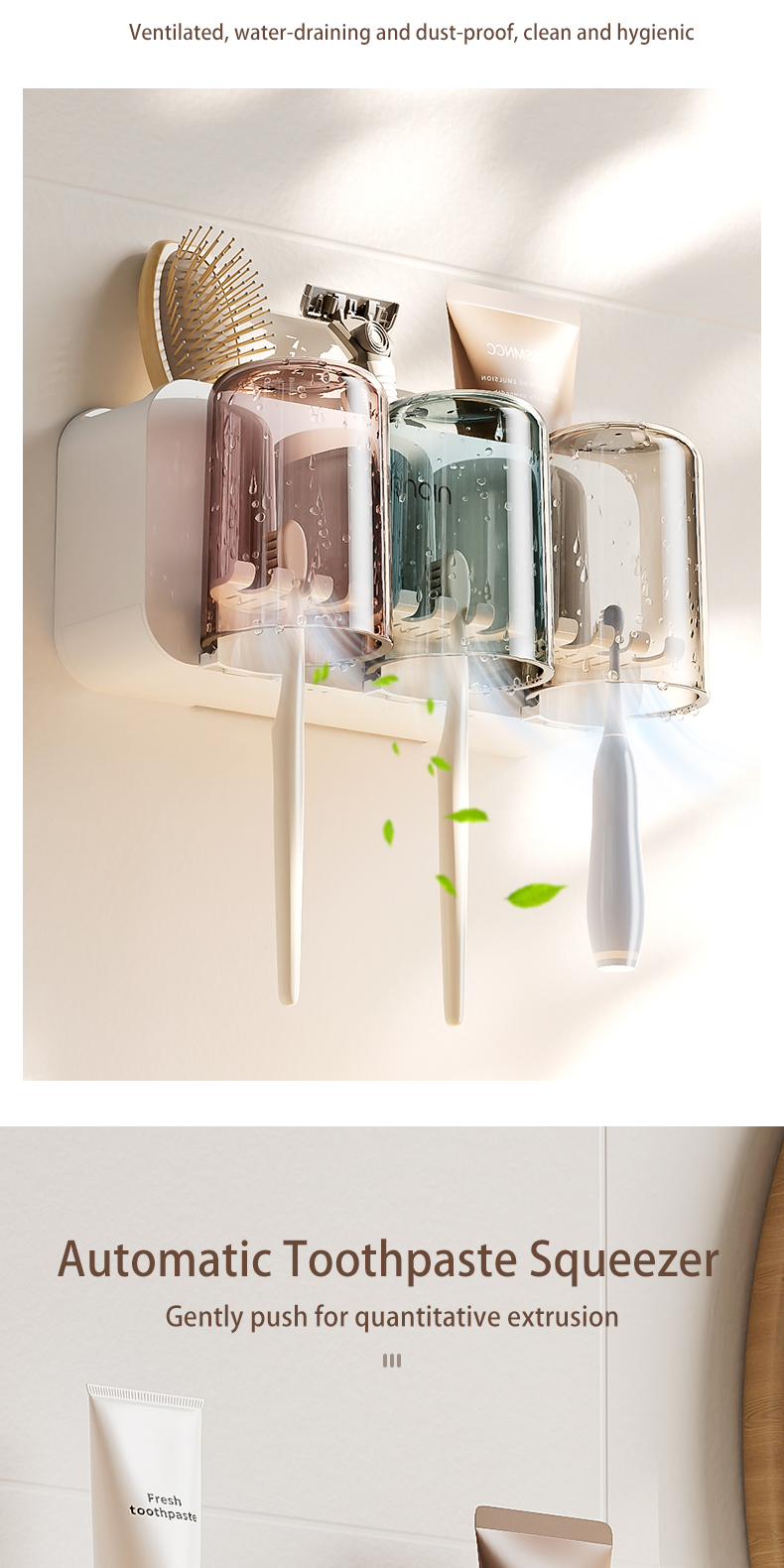 GONQIN Wall Mount Toothbrush Holder Automatic Toothpaste Squeezer ...