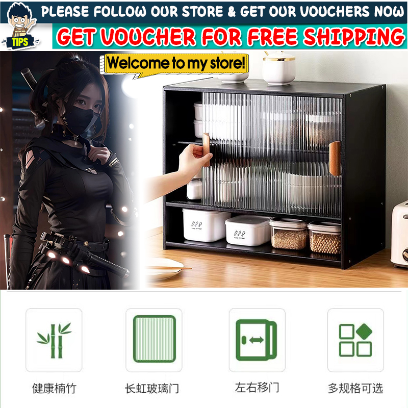 Black Kitchen Rack Kitchen Shelf with Sliding Door Desktop