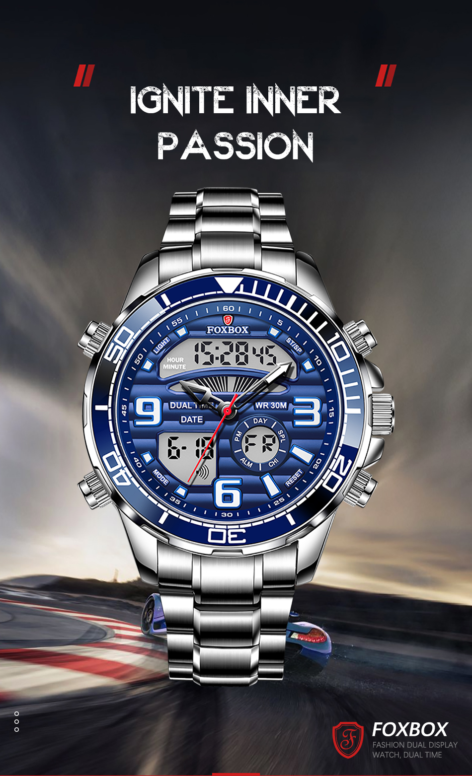 FOXBOX Dual Display Men Watch Fashion Waterproof Luminous