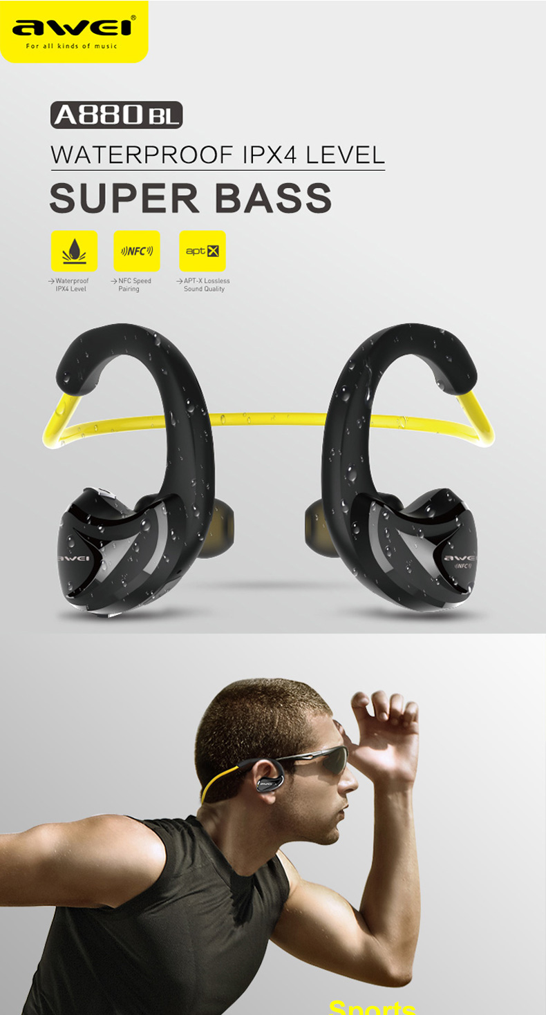 Awei A880BL Neckband Bluetooth Earphone Super Bass Sports Running
