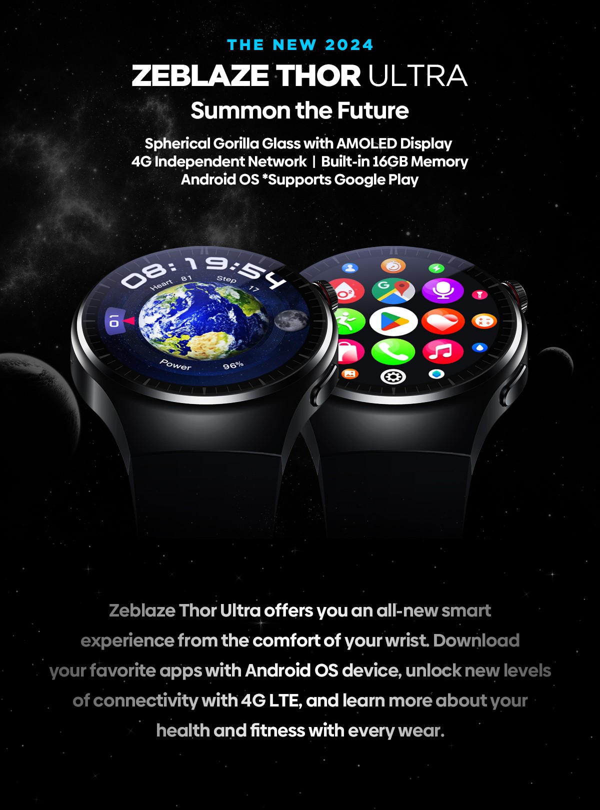 Zeblaze Thor Ultra Android Smart Watch AMOLED Screen 4G Independent Network Built in GPS 16GB Storage Google Play