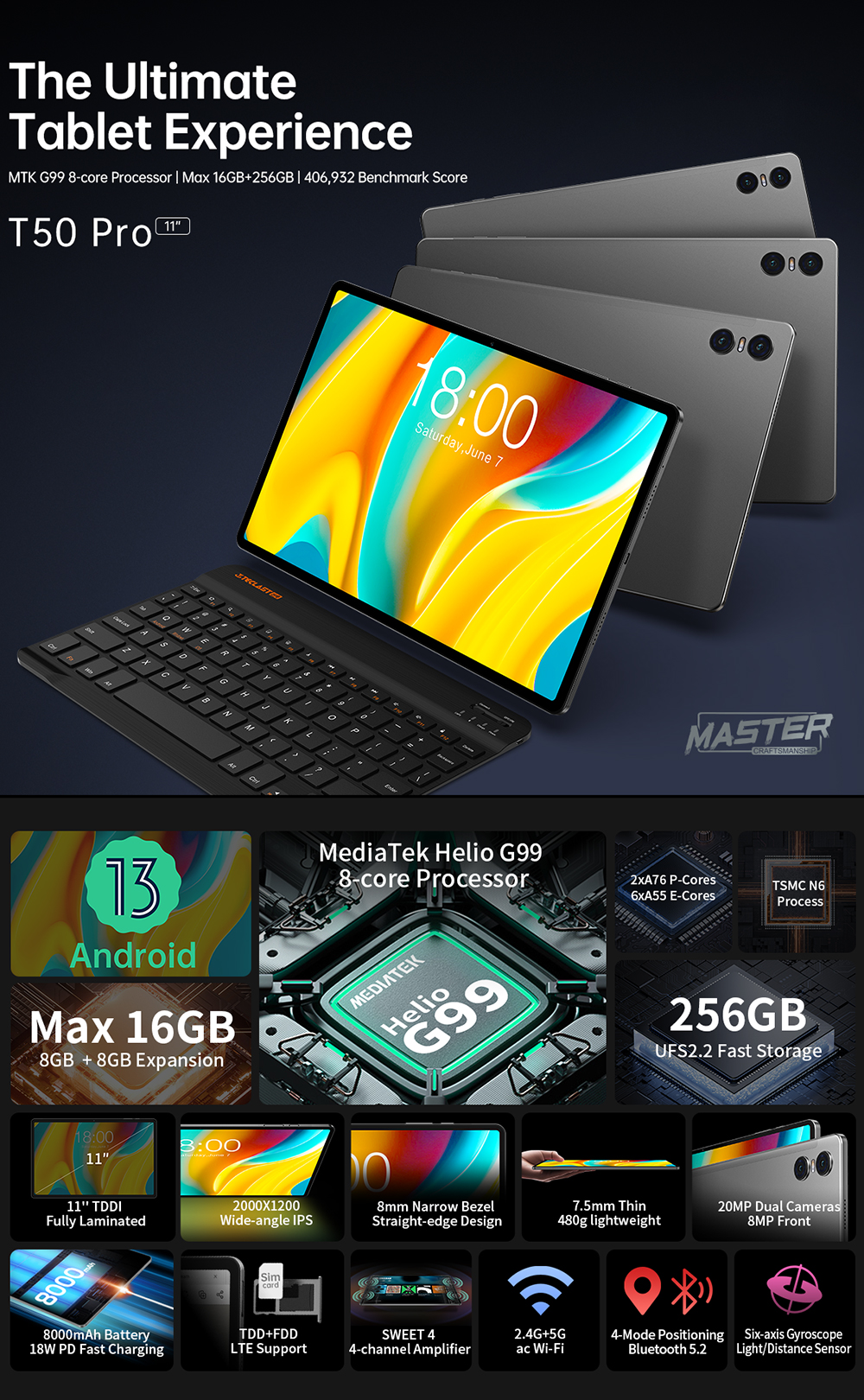 Teclast T50 Pro Android 13 Tablet MTK G99 11" TDDI 2K Full HD 8GB RAM ...