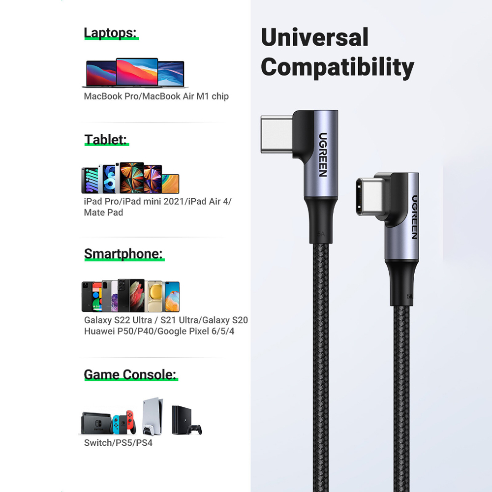 UGREEN 100W 5A USB C To USB C Cable Right Angle PD Fast Charge Type C 90 Degree Power Data Cableph I4086550518 - View #3