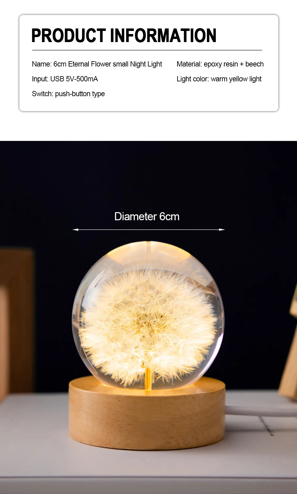5cm 6cm Dandelion Ball Luminous 3D Dandelion Crystal Ball Beech Wood ...