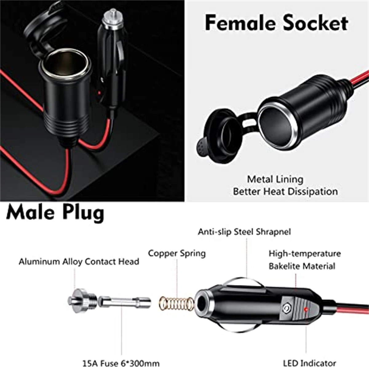 12V 24V 15A Car Cigarette Lighter Extension Cord 1M/2M Car Splitter ...