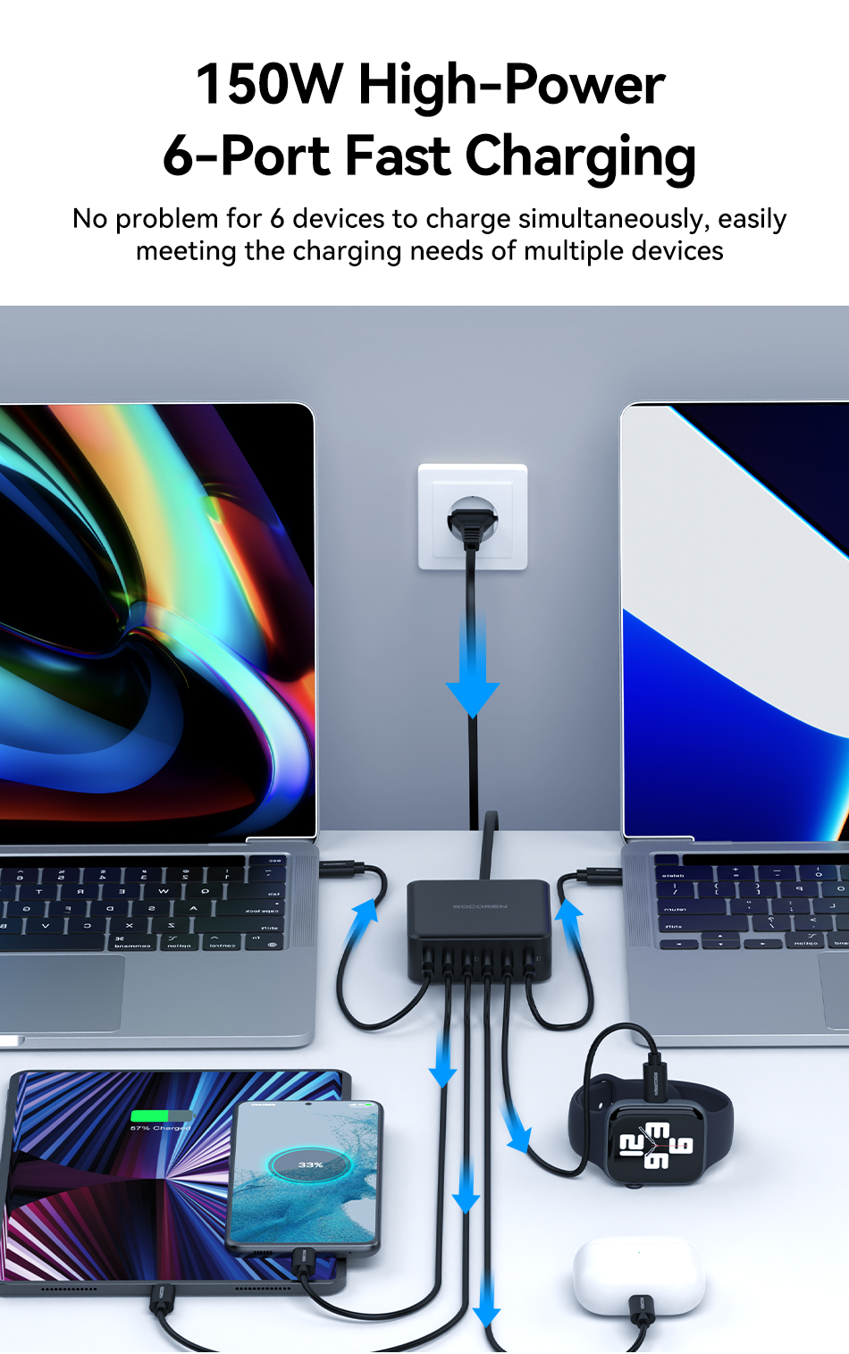 Rocoren 150W USB Type C High Speed Charger Multiple 6 Ports Fast ...
