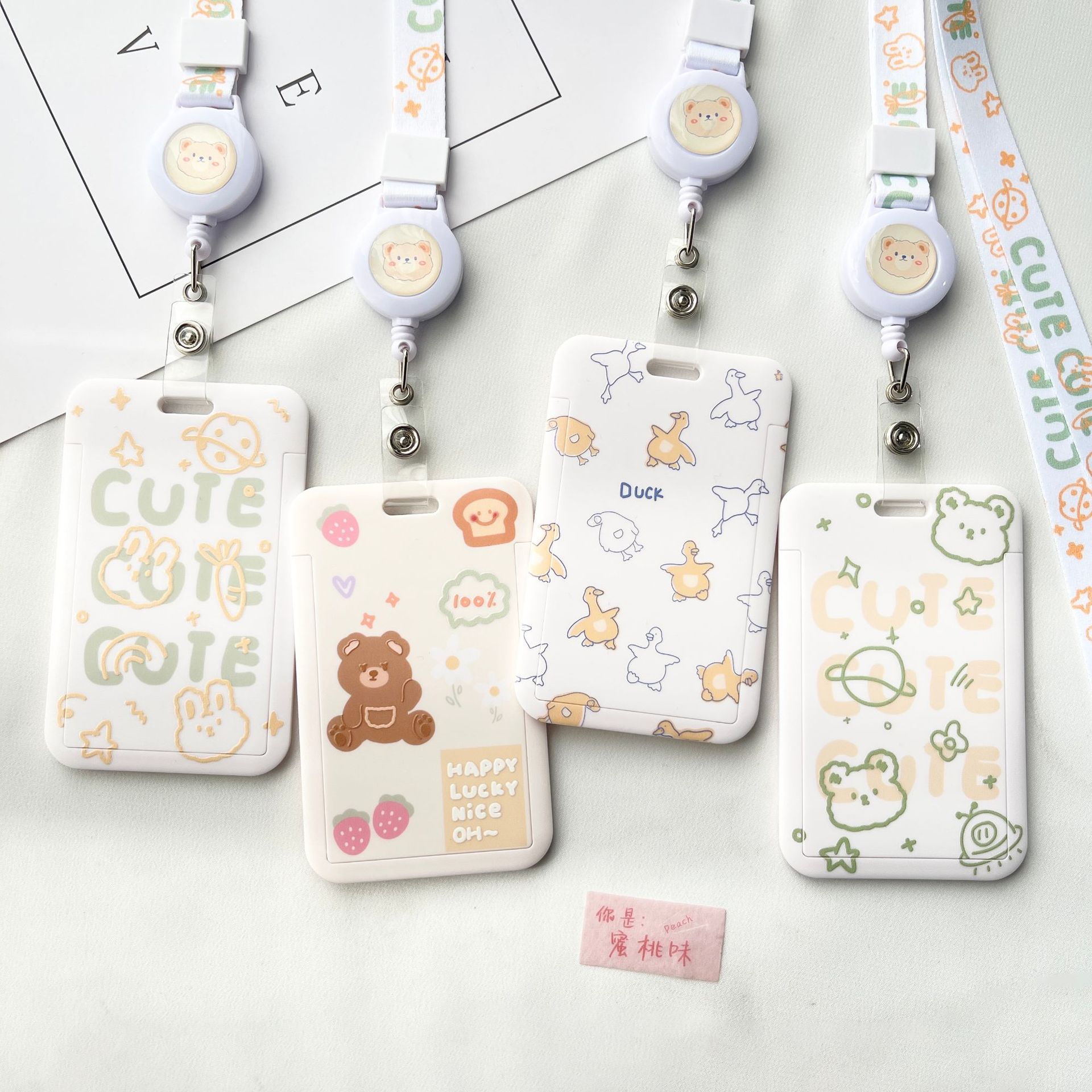 Line Bear Elastic Lanyard Card Holder, Embossed Printing Cute Planet Rabbit  IC Card, School Card Case, Employee's Card Clip for Man and Woman