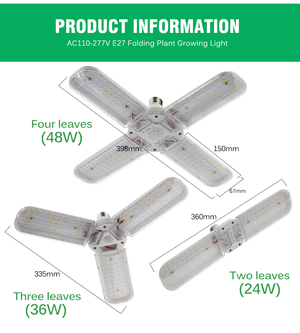 24W 36W 48W Foldable LED Grow Light Full Spectrum E27 Plant Growing ...
