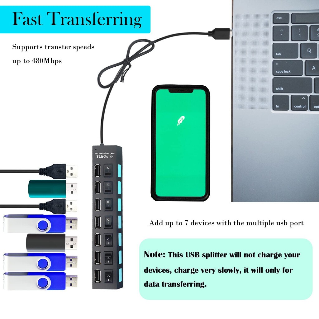 7 ports USB Hub Hi-Speed 2.0 Hub 480Mbps On/Off Switch | Shopee Singapore