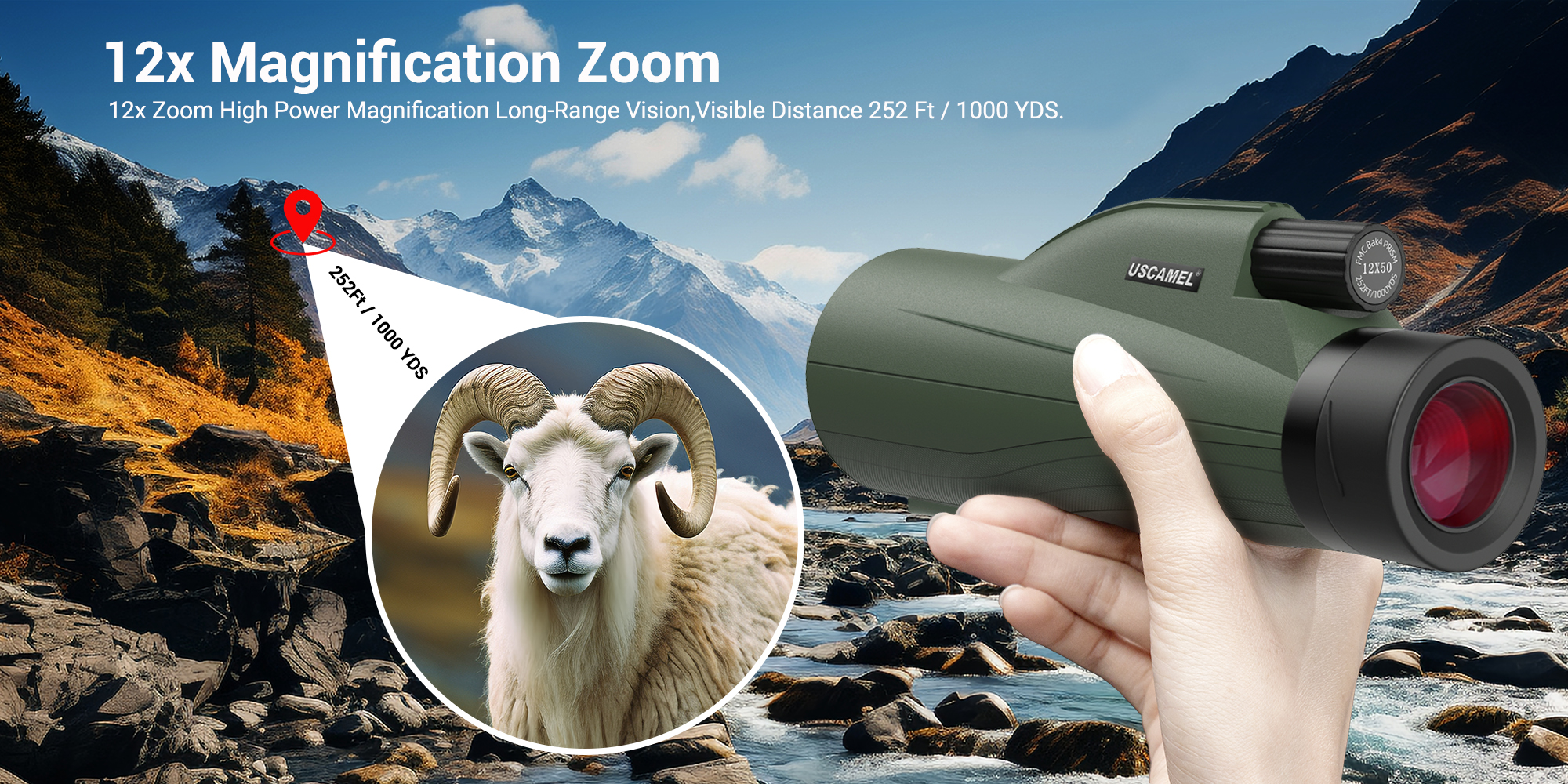 USCAMEL 12x50 HD Monuculars Outdoor Waterproof Telescope Compact ...