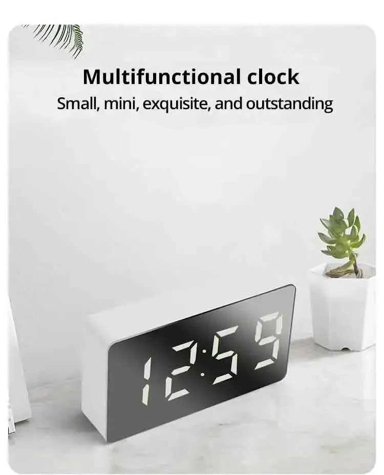 1Pc White LED Mirror Table Clock Snooze Display Time Night Light ...