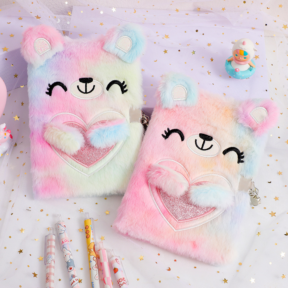 Children Cartoon Bear Lock Plush Notebook Student A5 Diary Cute ...