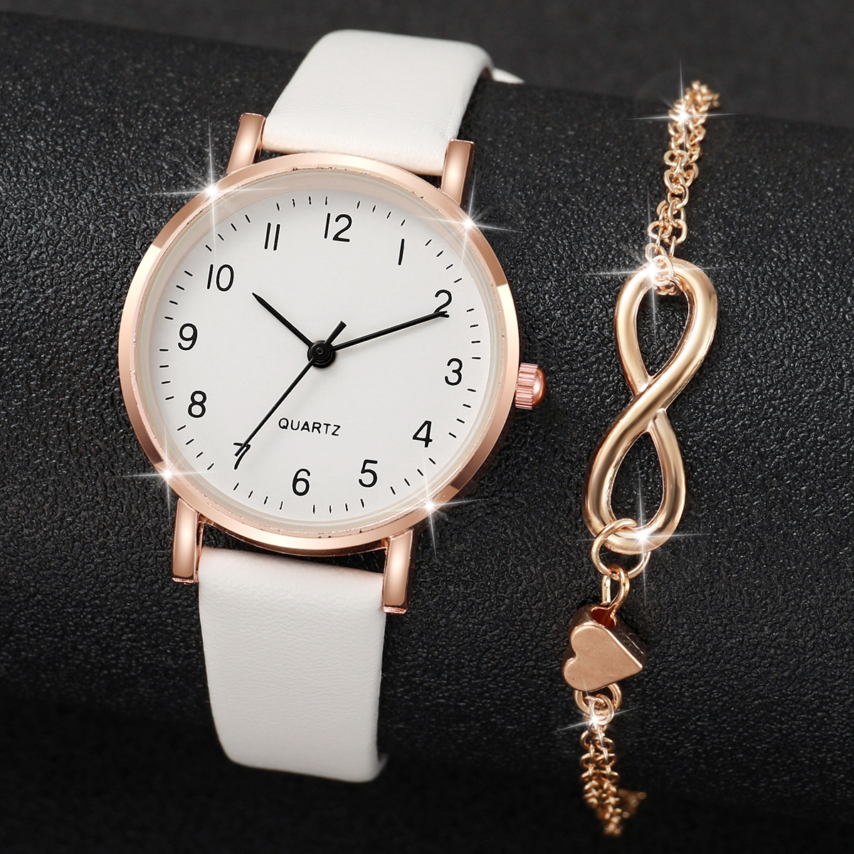 2PCS Set Women s Watch Fashion Arabic Dial Leather Band Quartz Watches Gold Heart Bracelet Set