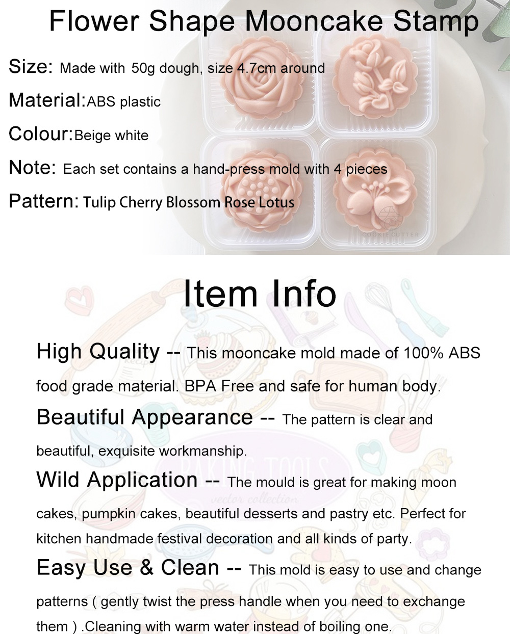 4Pcs/Set 50g Flower Mooncake Mold Tulip Cherry Blossom Rose Lotus ...