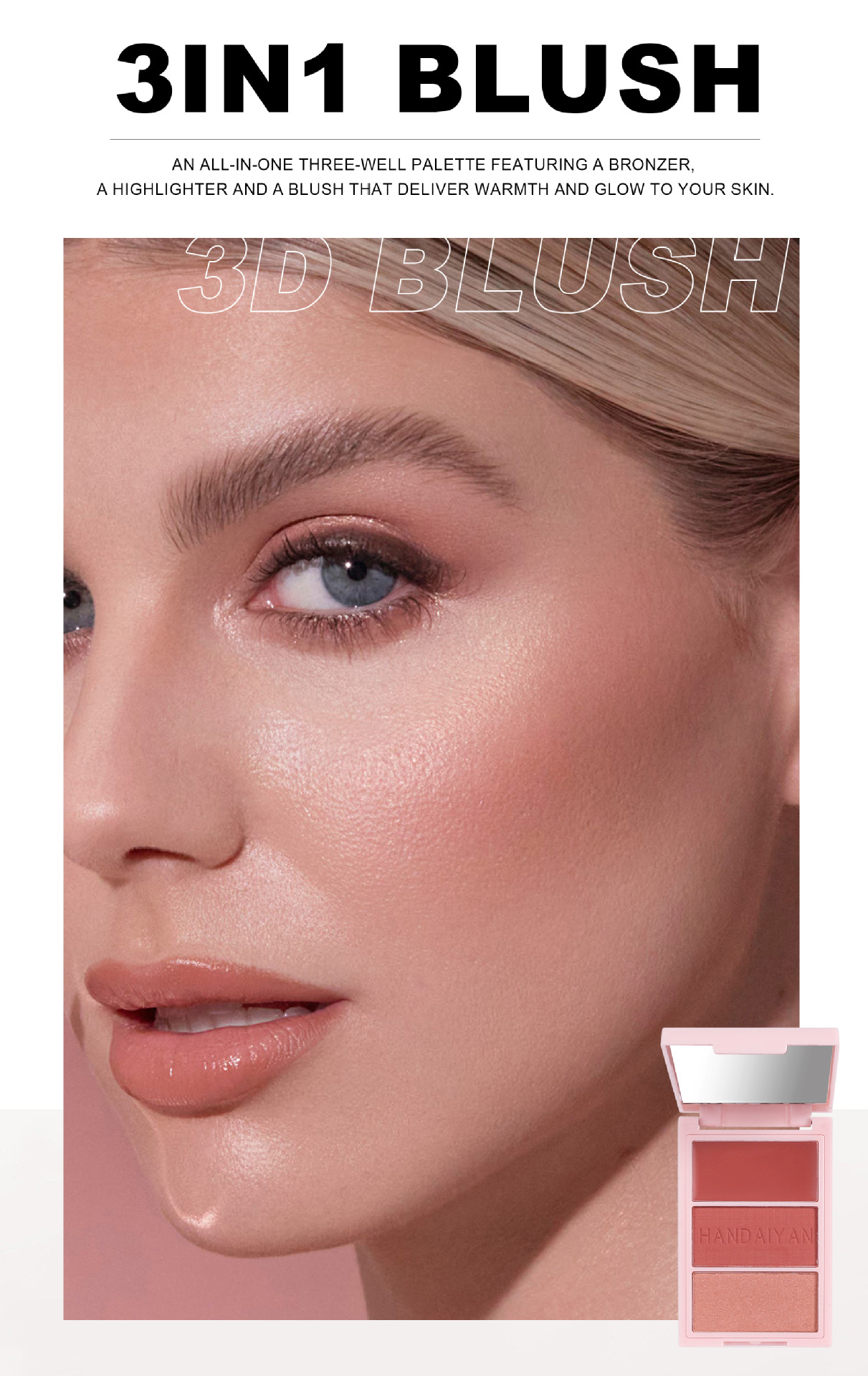 Trendy New Blush Highlighter Contour Palette, Multi-functional Three ...