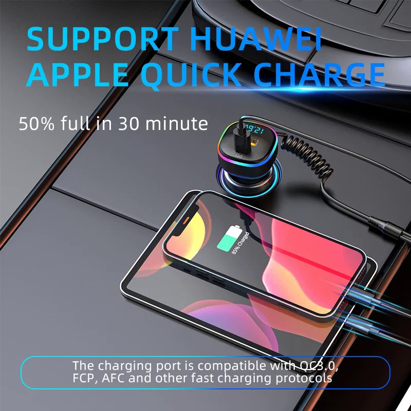 Car charger 3-in-1 spring fast charging cable PD dual USB car charger ...