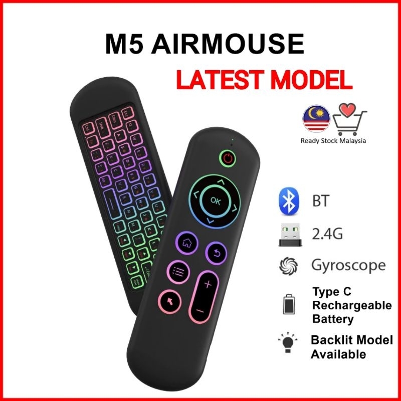 M5 Mini Air Flying Mouse,2.4G Bluetooth 5.0 Keyboard Backlight Remote ...