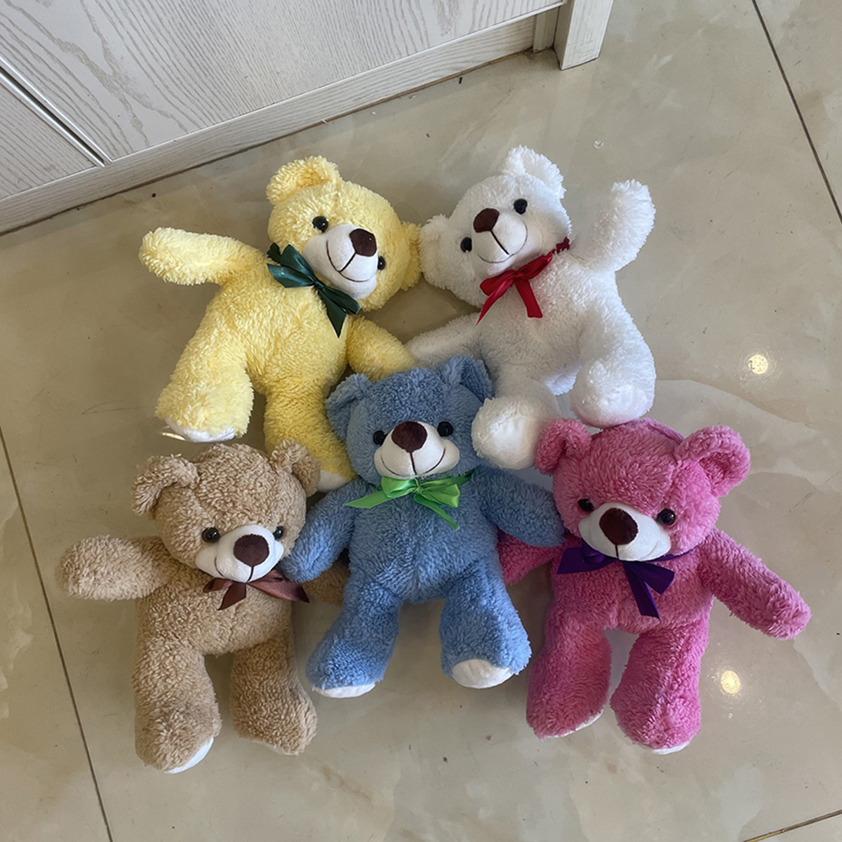 25cm Stuffed Toy Animal Beige Purple Pink Brown Ribbon Teddy Bear