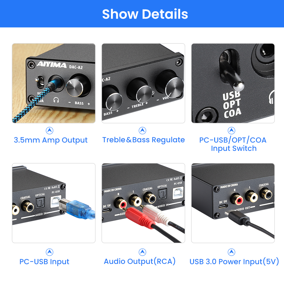 AIYIMA DAC-A2 Headphone Amplifier DAC with Bass Treble Controls PC