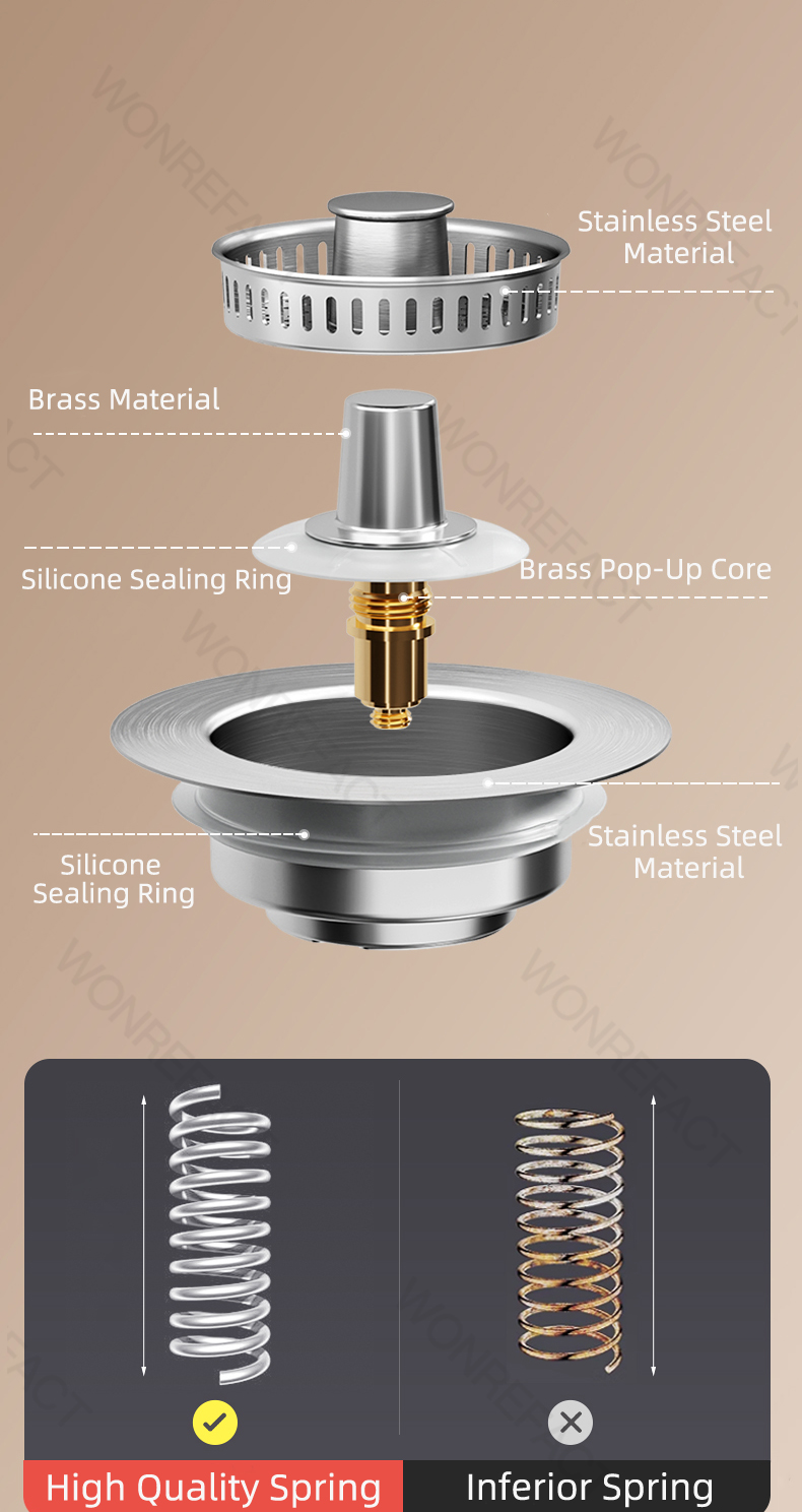 Kitchen Sink Drain Filter – Stainless Steel Pop-Up Plug With Copper Spring Core, Anti-Clogging, Universal Brass Filter, Fits 2.95-4.3" Holes