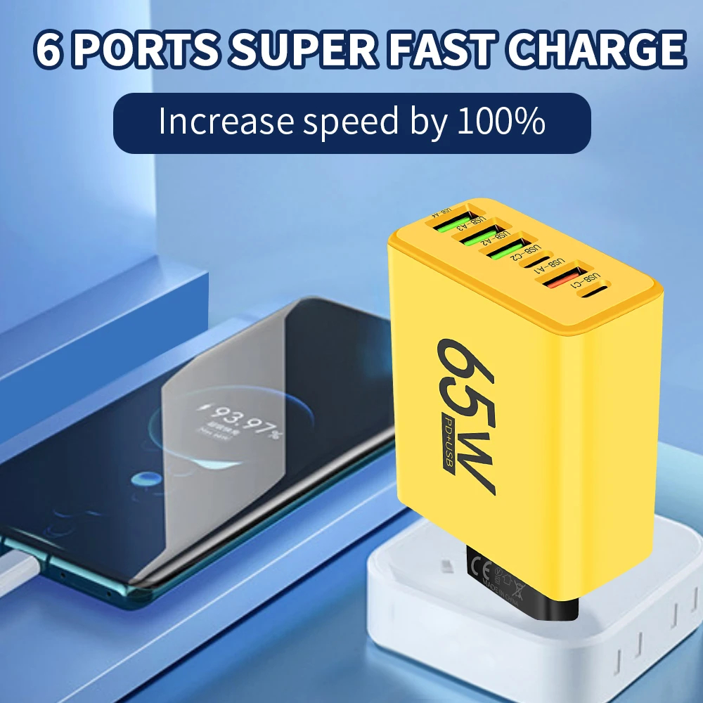 6 Ports 65W PD USB TypeC Fast Charger Quick Charge 3.0 Power Adapter ...