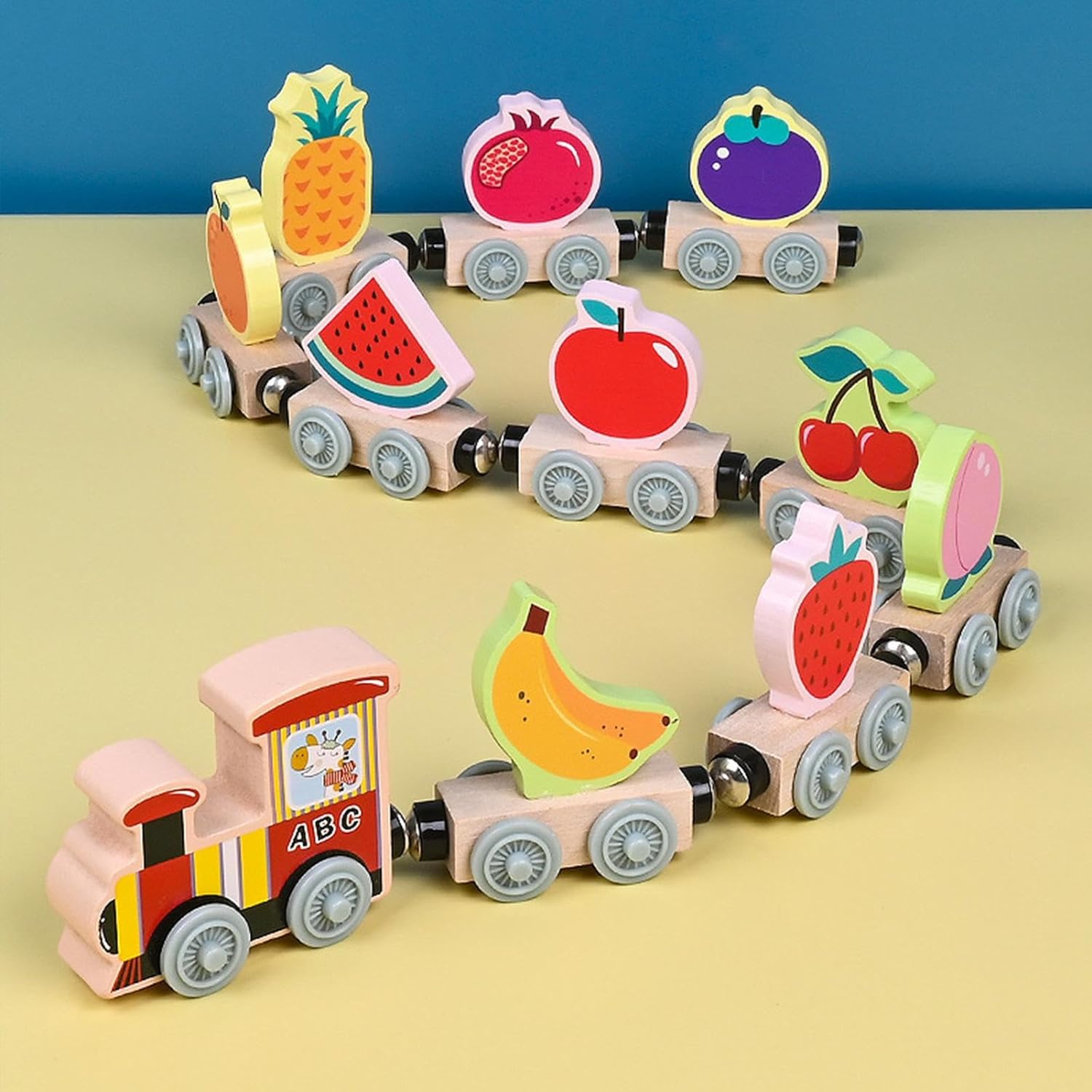 Wondertoys Wooden Train Set Magnetic Train Cars Alphabets Set with 1 Engine Toy Train Sets for
